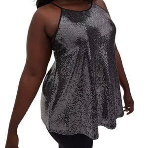 Torrid Black Sparkling Silver Sequin Metallic Spaghetti Strap Tank Top High Neck